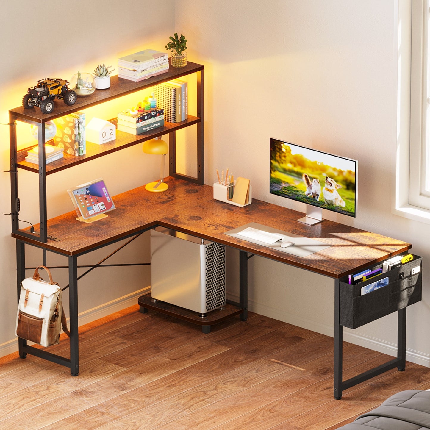 Casacomoda 53 Inch L Shaped Desk with LED Light & Power Outlet, Reversible L Shaped Computer Table with Shelf & Storage Bag & Hook for Home Office, Vintage
