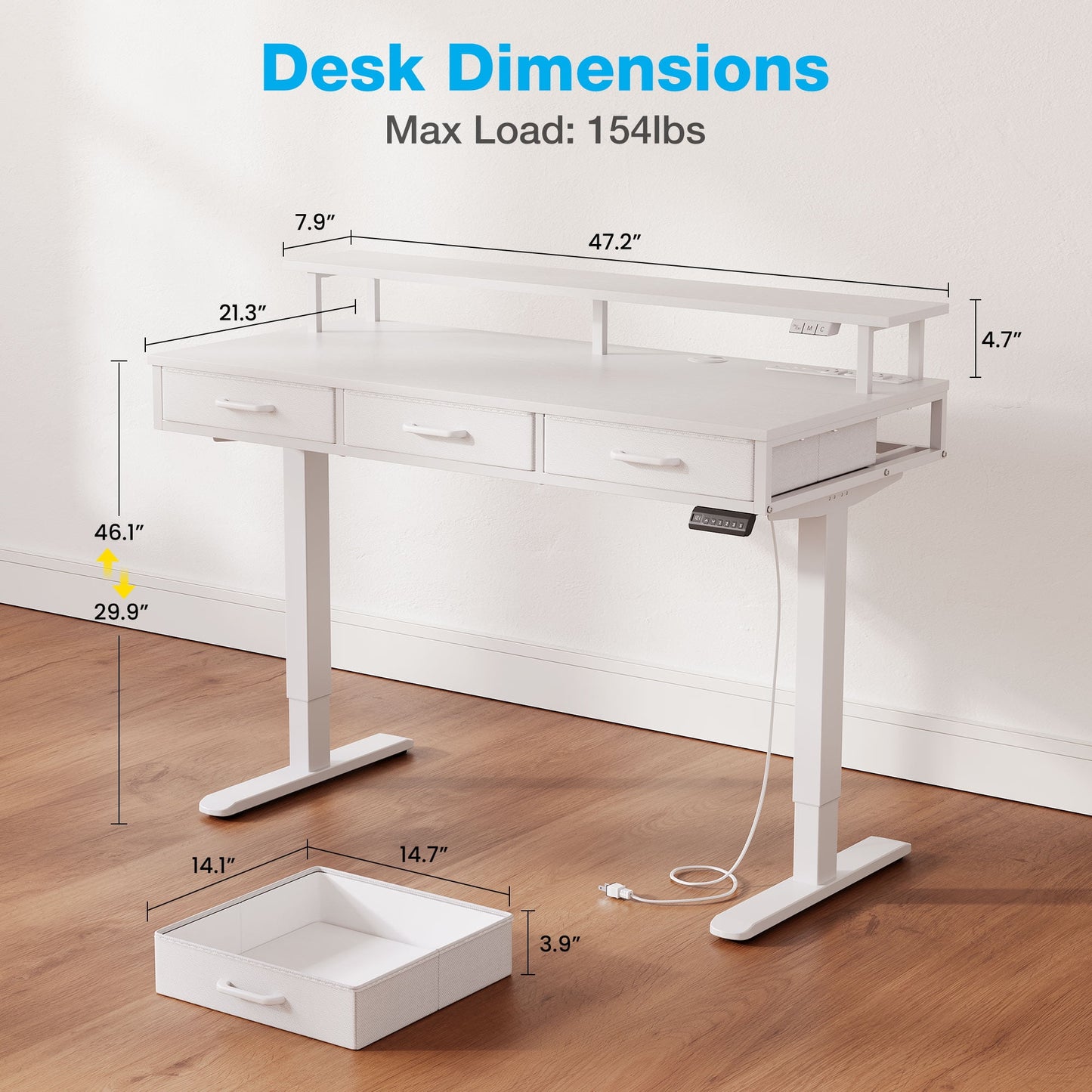 Casacomoda 48“ Electric Standing Desk with Power Outlets and LED Lights, Adjustable Height Sit Stand Desk with Monitor Shelf & 3 Fabric Drawers for Home Office, White