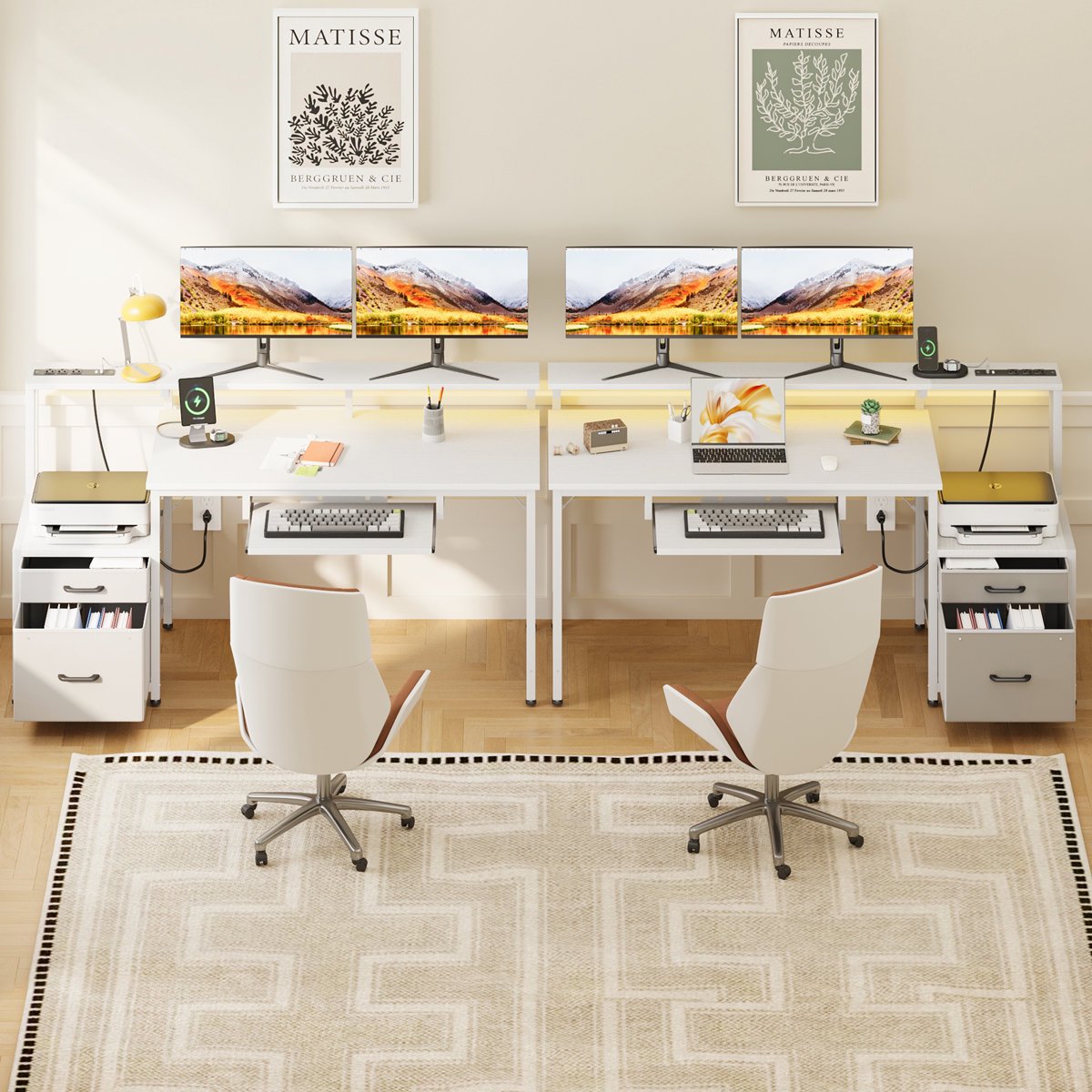 Casacomoda Computer Desk with Power Outlets, Workstation with Monitor Shelf & File Cabinet, Home Office Desk with LED Light & Print Stand, Reversible, White