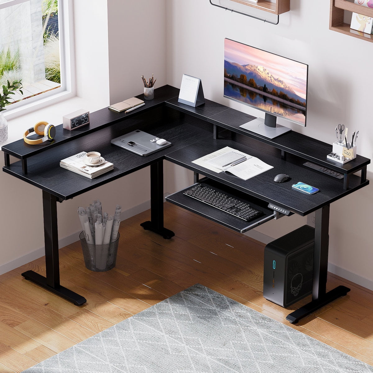 Casacomoda Adjustable L-Shaped Standing Desk with Electric Height Adjustment, 59" Desk with Full Monitor Stand, Metal Base for Home Office, Black