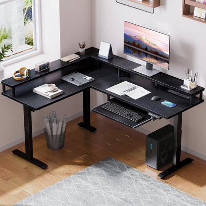 Casacomoda Adjustable L-Shaped Standing Desk with Electric Height Adjustment, 59" Desk with Full Monitor Stand, Metal Base for Home Office, Black