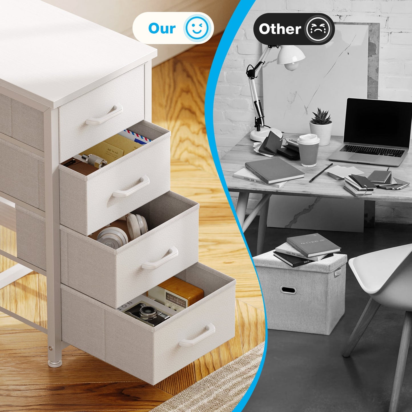 40 inch Computer Desk with 4 Fabric Drawers — Home Office Desks with Storage, Writing Desk with Side Hook, Desk Study/Work Table for Bedroom and Small Space, White