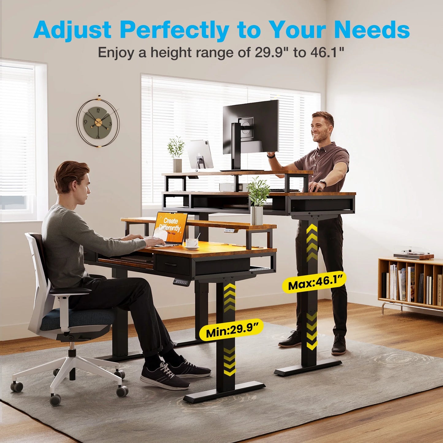 Casacomoda 47 inch Electric Standing Desk with Drawers & Keyboard Tray, Height Adjustable Gaming Desk with Power Outlets & LED Lights, Sit Stand Table with Monitor Stand for Home, Office, Vintage