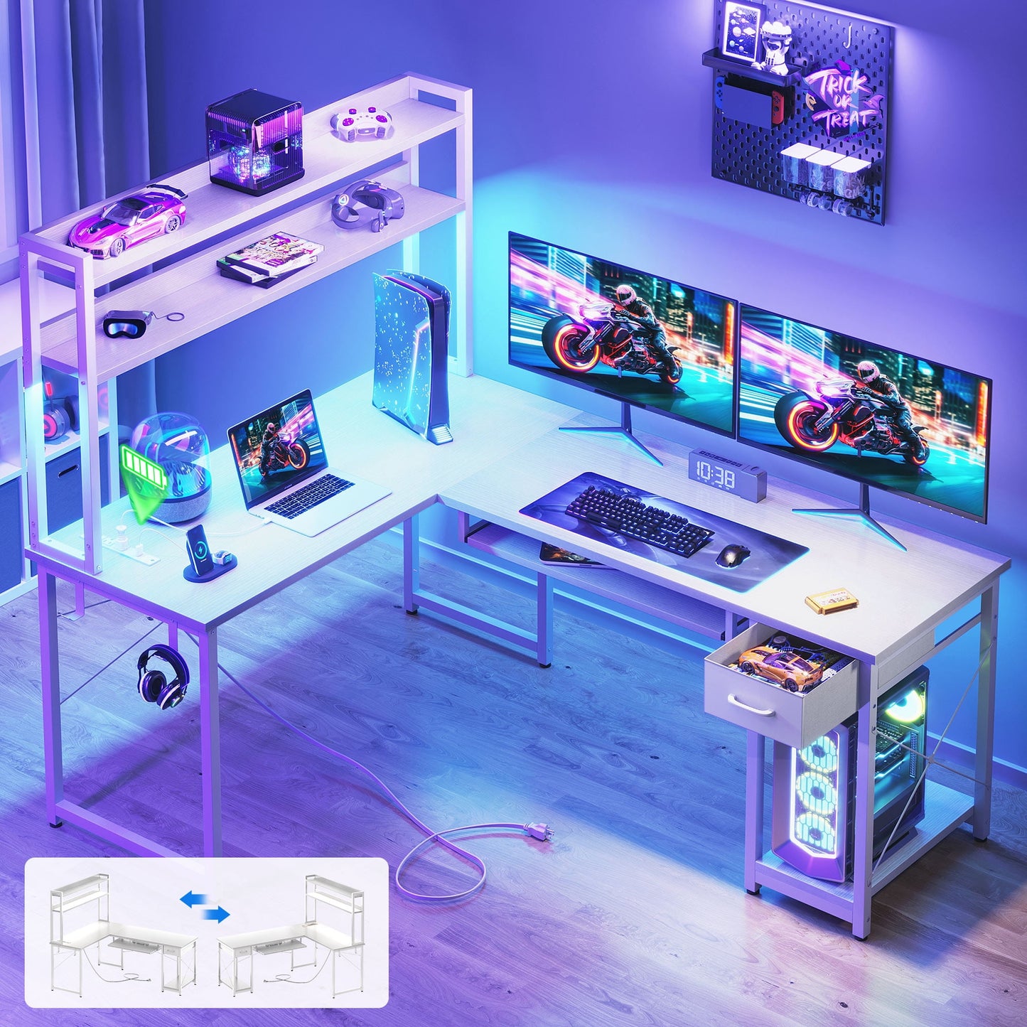 59" Reversible L-Shaped Gaming Desk with Power Outlets & LED Lights, Office Desk with Storage Drawer & Keyboard Tray for Home Office, Corner Computer Desk with Hutch, White