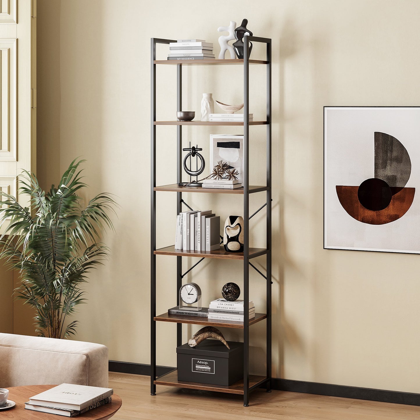 Casacomoda Book Shelf Set of 2, 6 Tier Bookcase, Storage Shelf, Industrial Bookcase for CDs, Photos, Books, Modern Bookshelf for Home Office, Living Room, Kitchen, Bedroom, Rust Brown