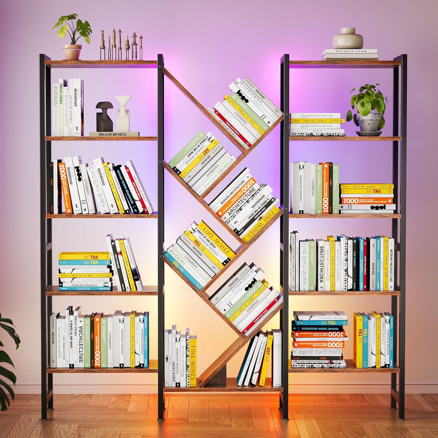 Triple 5-Tier Bookshelf with LED Lights for Living Room, 17 Open Shelves Large Bookcase with App Control RGB Light Strip, Modern Tree Design Storage Shelf with Metal Frame, Vintage