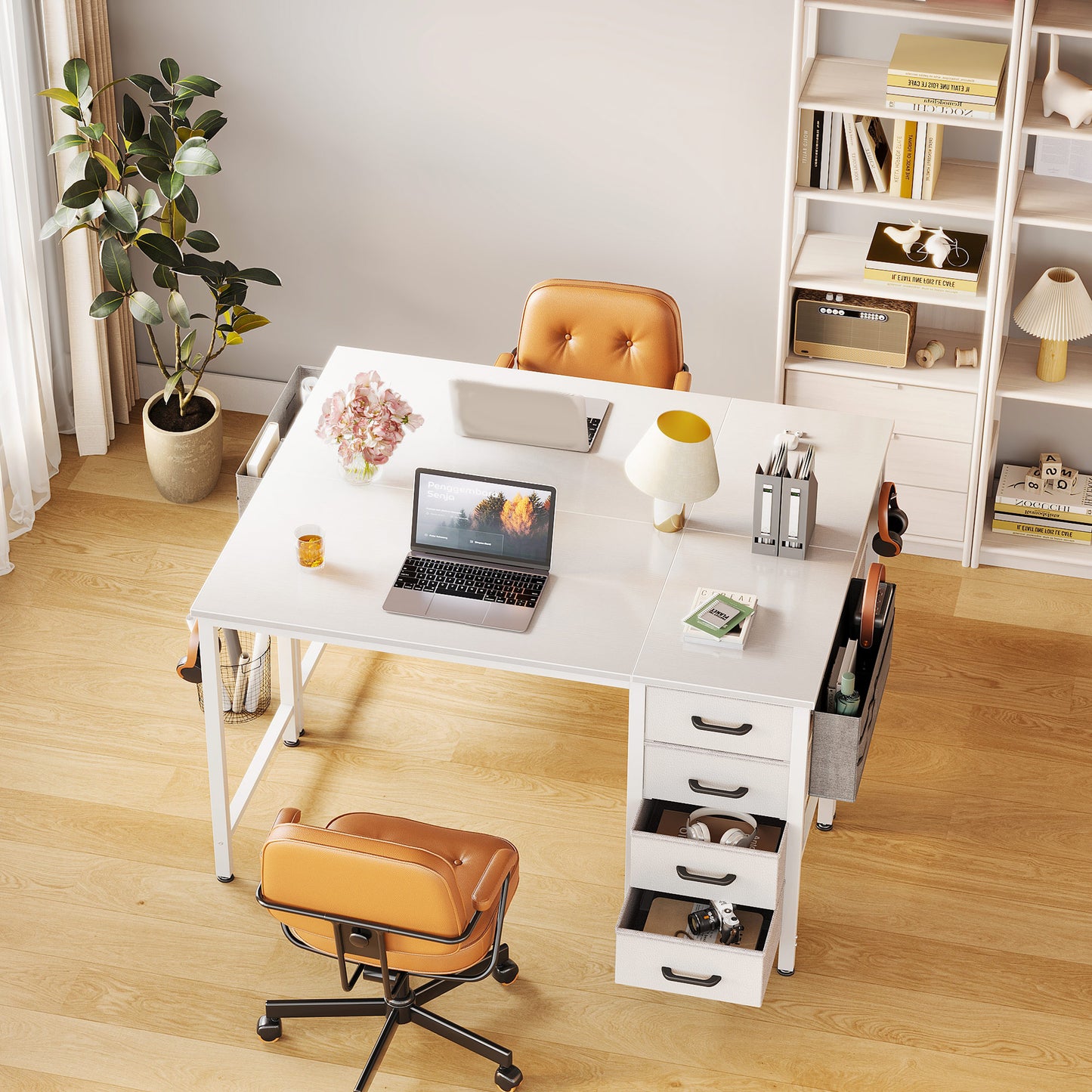 Casacomoda Small Computer Desk with 4 Fabric Drawers — Home Office Desks with Storage, Writing Desk with Side Hook and Cloth Bag, Study/Work Table for Bedroom and Small Space, White