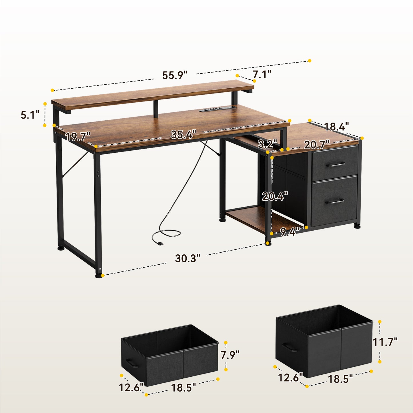 Casacomoda 55 Inch Computer Desk with Drawers & Printer Shelf, Reversible Office Desk with Charging Station, Monitor Stand and CPU Stand, Vintage and Black