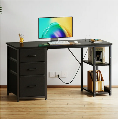 51 Inch Computer Desk with File Drawers & USB Power Outlets- Reversible Home Office Desk with Storage Shelves, Work from Home, Writing Table for Bedroom, Black