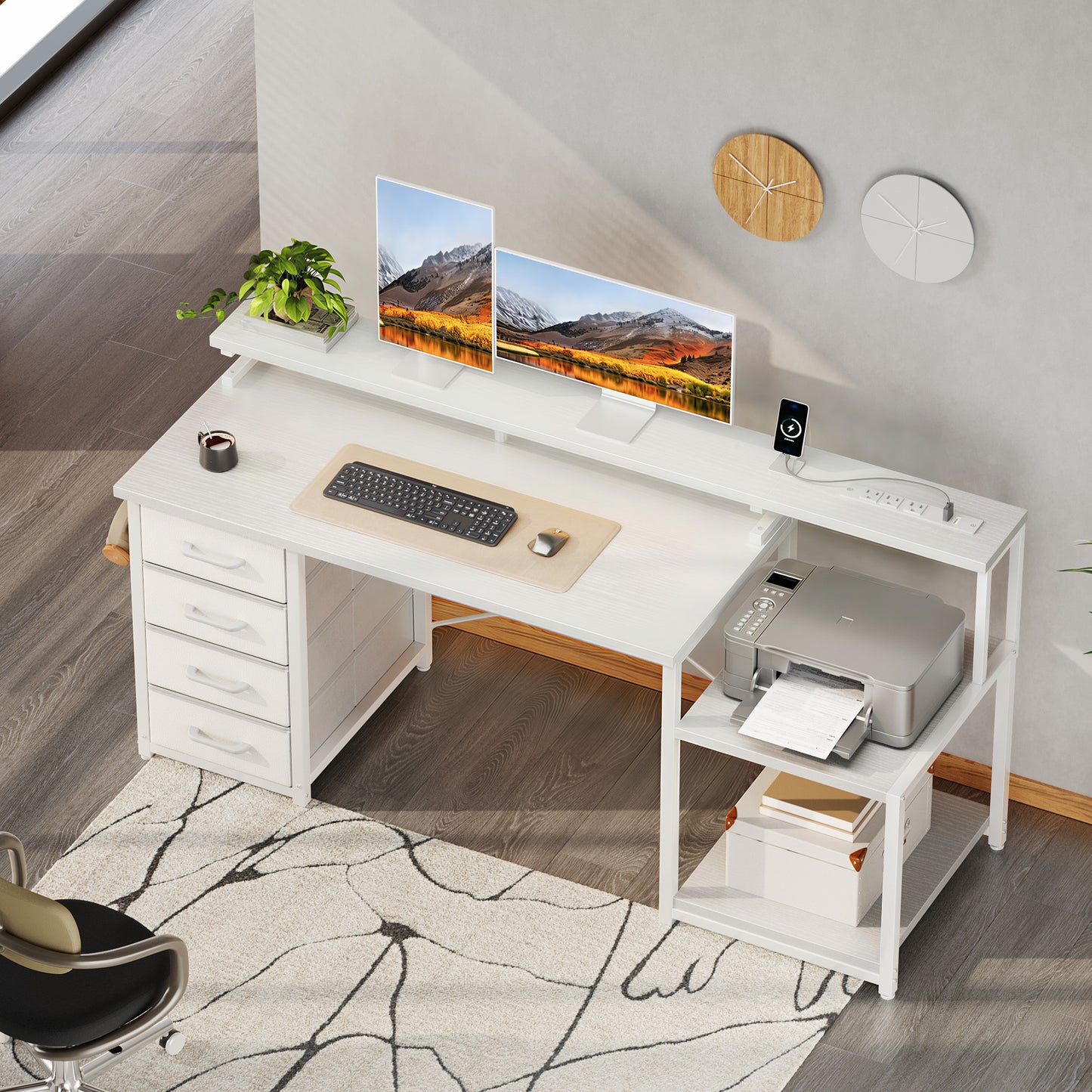 Casacomoda 55 Inch Computer Desk with USB Ports and Power Outlets, Printer Shelf, 4 Drawers & Storage Shelf, Home Office Desks, White