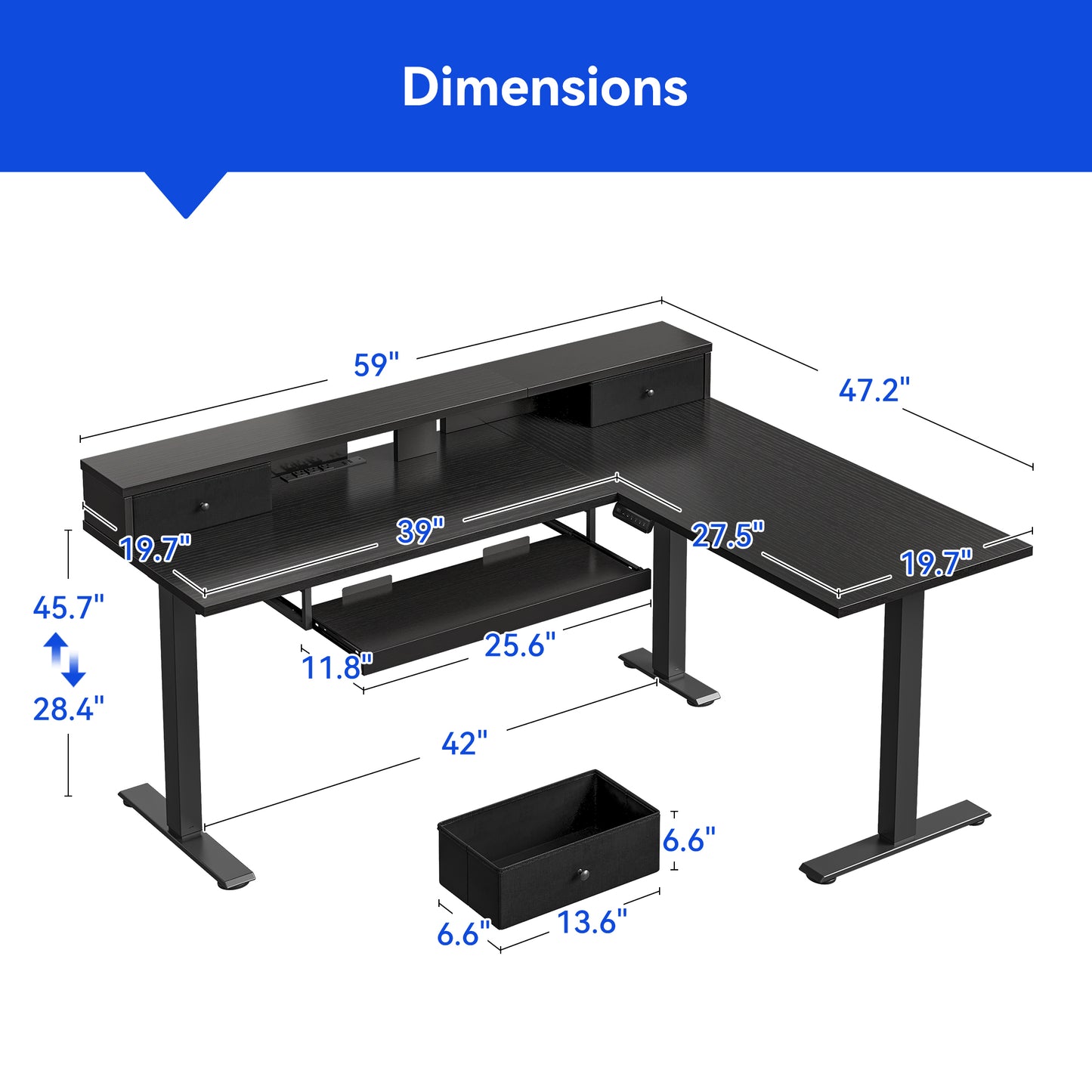 L-Shaped Electric Standing Desk, Height Adjustable Corner Desk with Fabric Drawers, Computer Desk with Monitor Shelf & Keyboard Tray, 3 Power Outlets & 2 USB Ports, Black