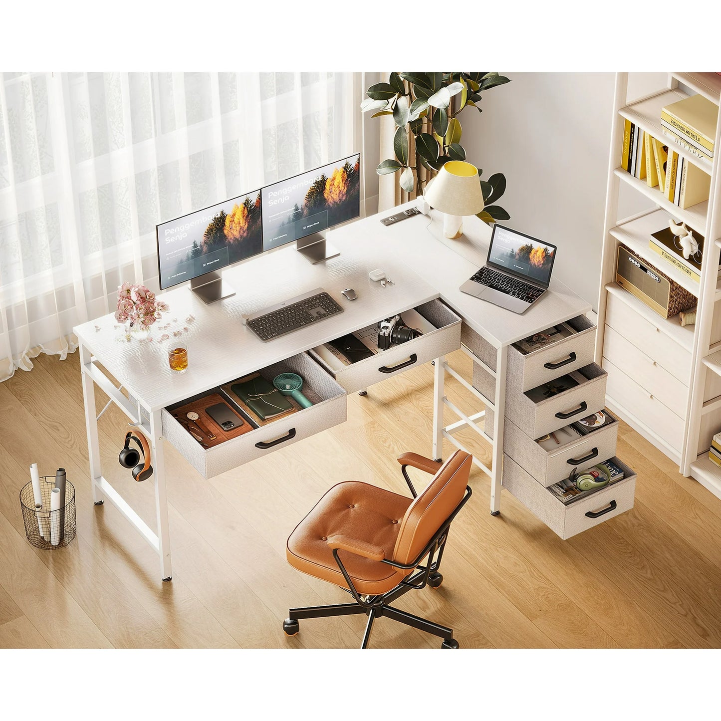 Casacomoda 50 inch L Shaped Desk with 6 Drawers, Computer Desk with Power Outlets & USB Ports, Home Office Reversible Corner Desk for Small Space, Study Work Table with Hook, White