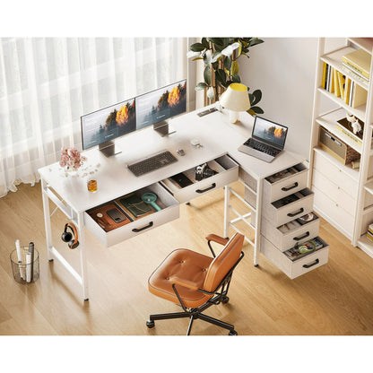 Casacomoda 50 inch L Shaped Desk with 6 Drawers, Computer Desk with Power Outlets & USB Ports, Home Office Reversible Corner Desk for Small Space, Study Work Table with Hook, White
