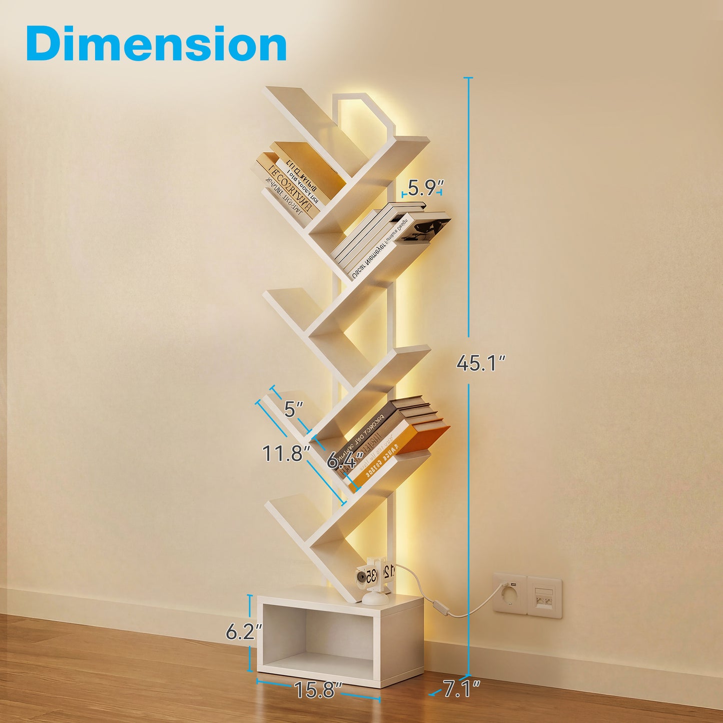 Casacomoda 8 Tier Tree Bookshelf, Bookcase with LED Lights, Display Floor Standing Storage Shelf, Book Organizer Shelves for Home Office, Living Room, White