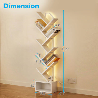Casacomoda 8 Tier Tree Bookshelf, Bookcase with LED Lights, Display Floor Standing Storage Shelf, Book Organizer Shelves for Home Office, Living Room, White