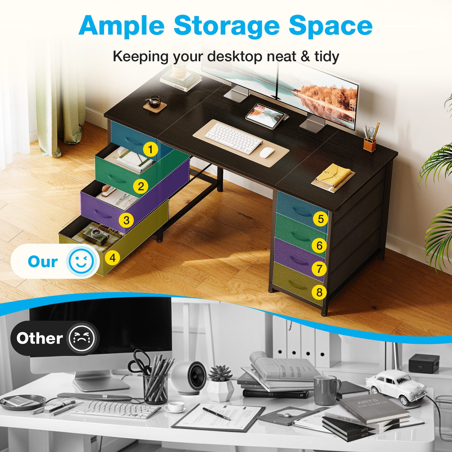 Black Computer Desk with Drawers for Storage - 55 inch Home Office Desk with 8 Fabric Drawers, Writing Study Desk with Drawers on Both Sides for Bedroom
