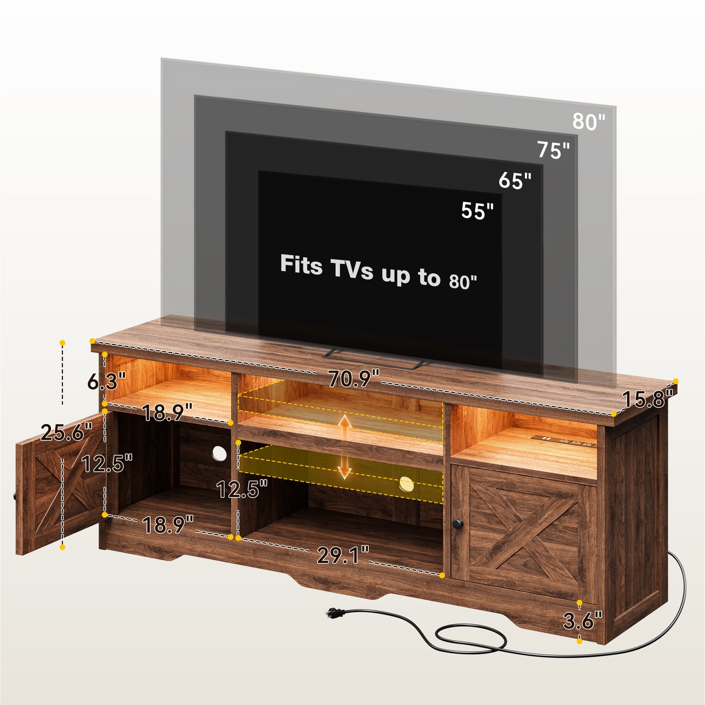 Casacomoda Farmhouse LED TV Stand for 80 inch TVs, Entertainment Center with Power Outlet, Media Console with Storage Cabinets and Shelves, Walnut