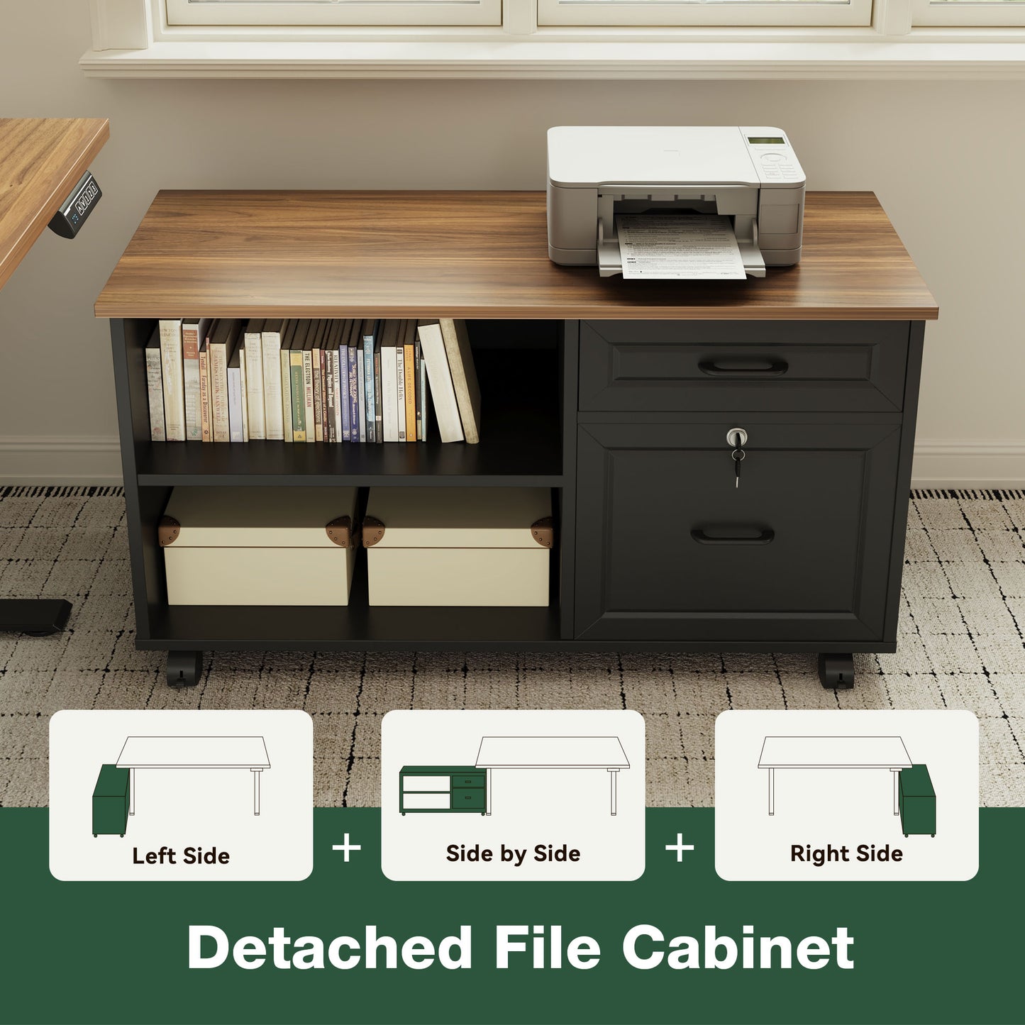Casacomoda L-Shaped Standing Desk with Storage Cabinet and Drawers, Reversible Sit Stand Computer Desk for Home Office, Adjustable Height Desk, 48 Inch, Walnut & Black