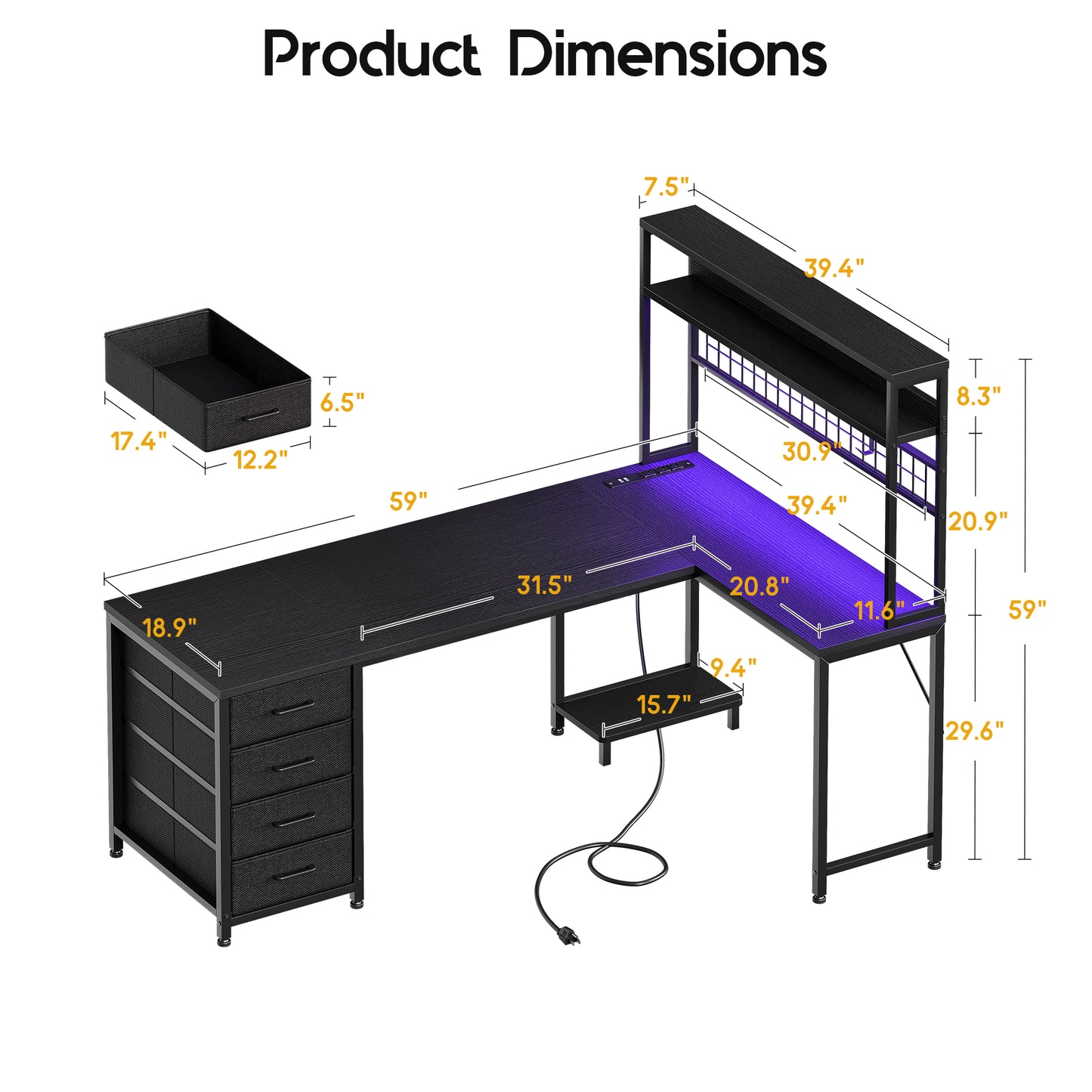 Casacomoda 59" L-Shaped Gaming Desk with 4 Fabric Drawers, LED Lights & Power Outlets, Reversible Corner Computer Desk with Hutch, Shelves & Pegboard for Home Office, Blac