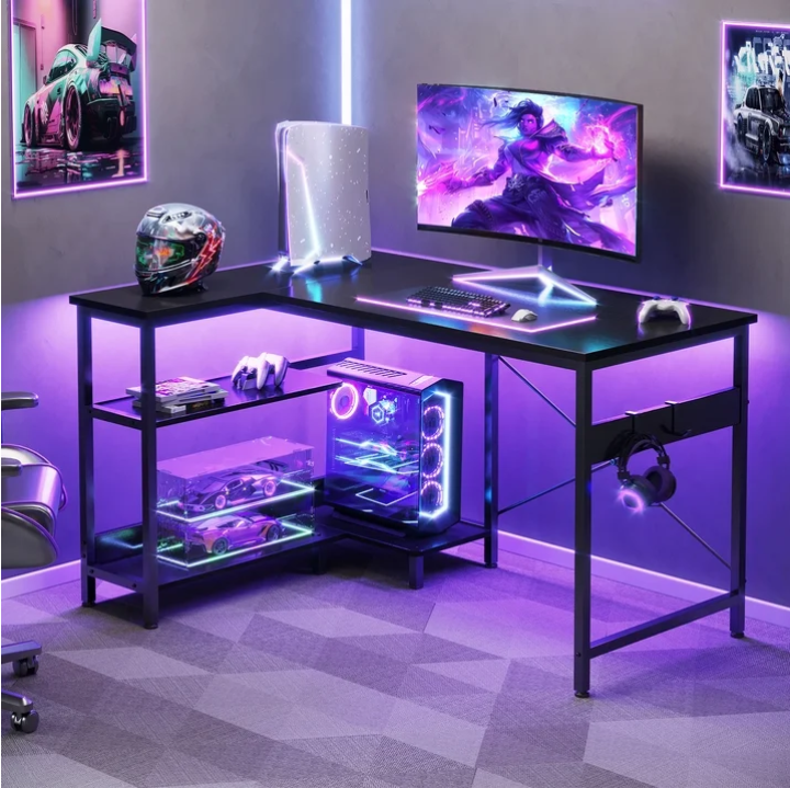 40 inch Small Office Desk with Storage Shelve, Student Writing Table for Small Spaces, Headphone Hooks, Black