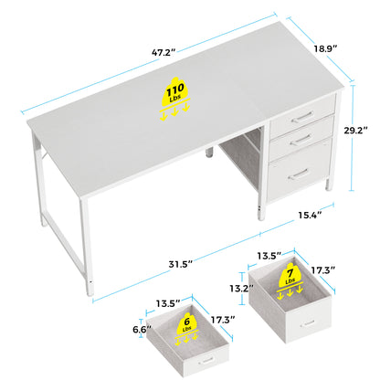 Casacomoda 48 Inch Computer Desk with Fabric Drawers & File Cabinet, Home Office Desk for small space, Vanity Desk for Bedroom, White