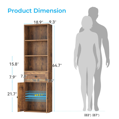 Vintage 5-Tier Tall Bookcase with Drawer and Cabinet, Modern Bookshelf for Home Office, Living Room or Bedroom, Easy Assembly & Stable Structure
