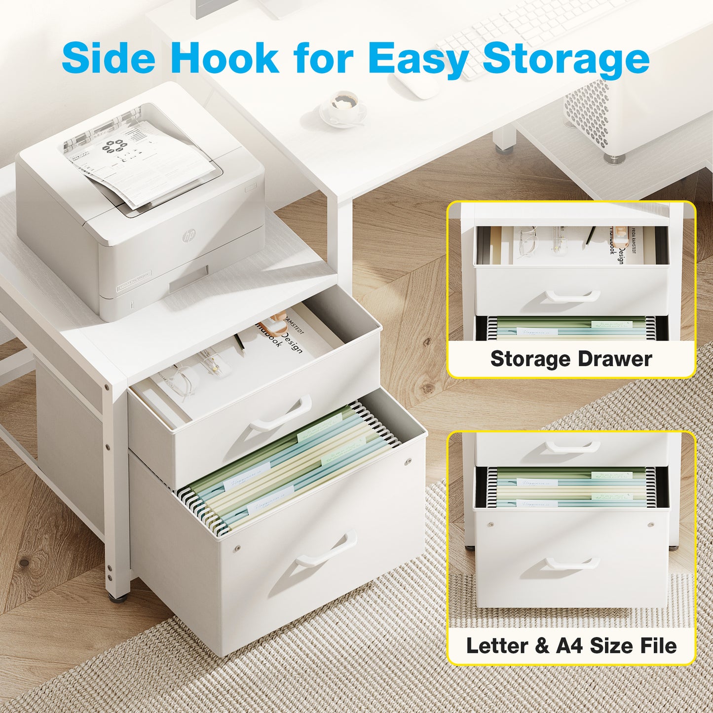 Casacomoda 63 Inch L Shaped Desk with Power Outlets, Large Computer Desk with File Drawer, Home Office Desk with Printer Stand & Storage Shelves, Corner Desk, White