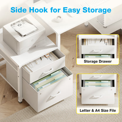 Casacomoda 63 Inch L Shaped Desk with Power Outlets, Large Computer Desk with File Drawer, Home Office Desk with Printer Stand & Storage Shelves, Corner Desk, White