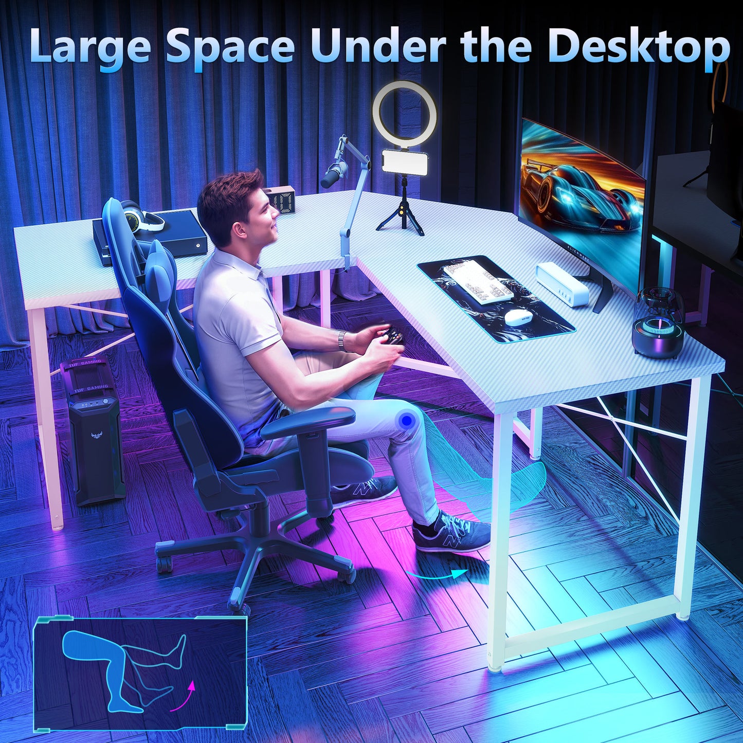Casacomoda Computer Desk L Shaped, 51” Reversible L Shaped Computer Desk with Monitor Stand, Home Office Desk, Carbon Fiber White