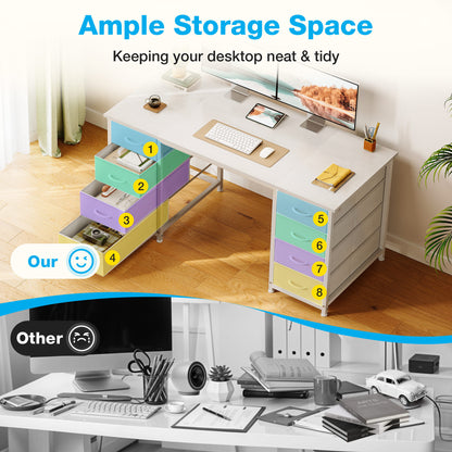White Computer Desk with Drawers for Storage - 48 inch Home Office Desk with 8 Fabric Drawers, Writing Study Desk with Drawers on Both Sides for Bedroom