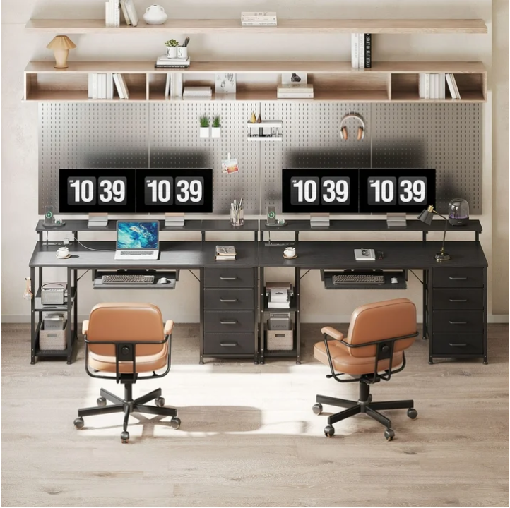 55 Inch Office Desk with Power Outlet and Adjustable Monitor Stand, Computer Desk with Fabric Drawer and Keyboard Tray, Gaming Desk with LED Light & PC Stand, Table for Bedroom with USB Ports, Black