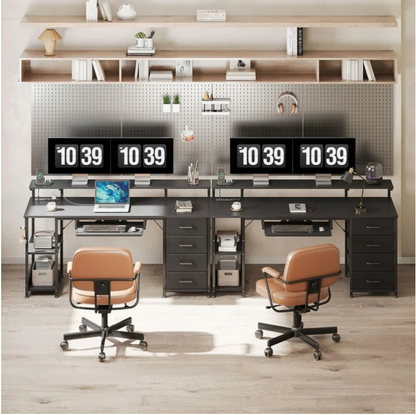 55 Inch Office Desk with Power Outlet and Adjustable Monitor Stand, Computer Desk with Fabric Drawer and Keyboard Tray, Gaming Desk with LED Light & PC Stand, Table for Bedroom with USB Ports, Black