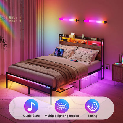 Queen Size Bed Frames, Storage Headboard with Charging Station, RGB Light Strips, Solid and Stable, Noise Free, No Box Spring Needed, Easy Assembly, Rustic Brown