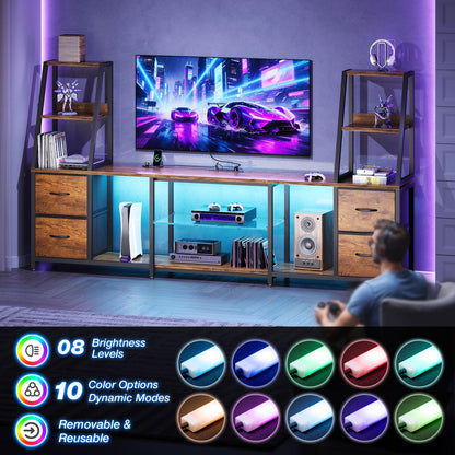 Casacomoda TV Stand for up to 65 Inch TV, 87" Entertainment Center with Power Outlets & LED Lights, Modern Media Console with Glass Shelf & 4 Fabric Drawers for Living Room Bedroom, Vintage