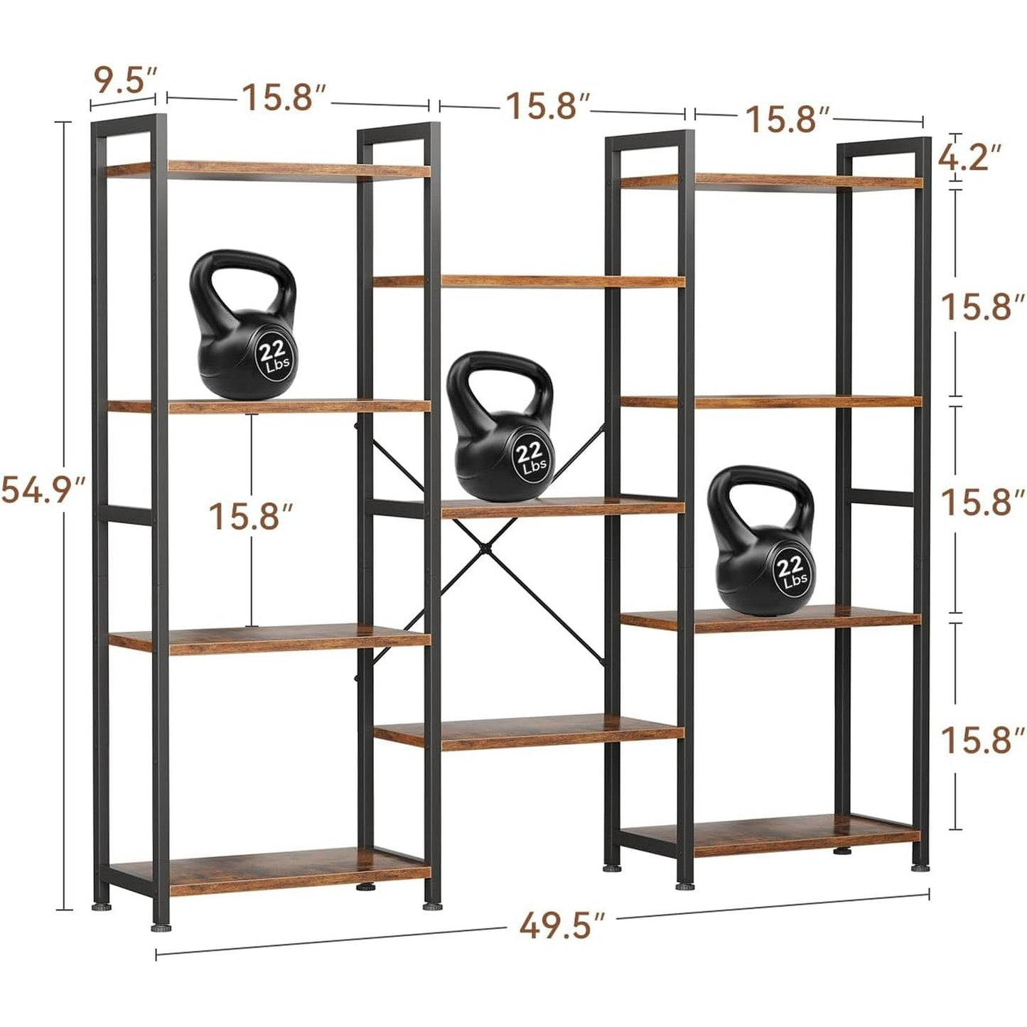 Casacomoda Triple Wide 4 Tier Bookshelf, Rustic Industrial Style Bookcases with 15 Open Display Shelves, Modern Tall Bookcase Furniture for Bedroom, Living Room and Home Office, Rustic Brown