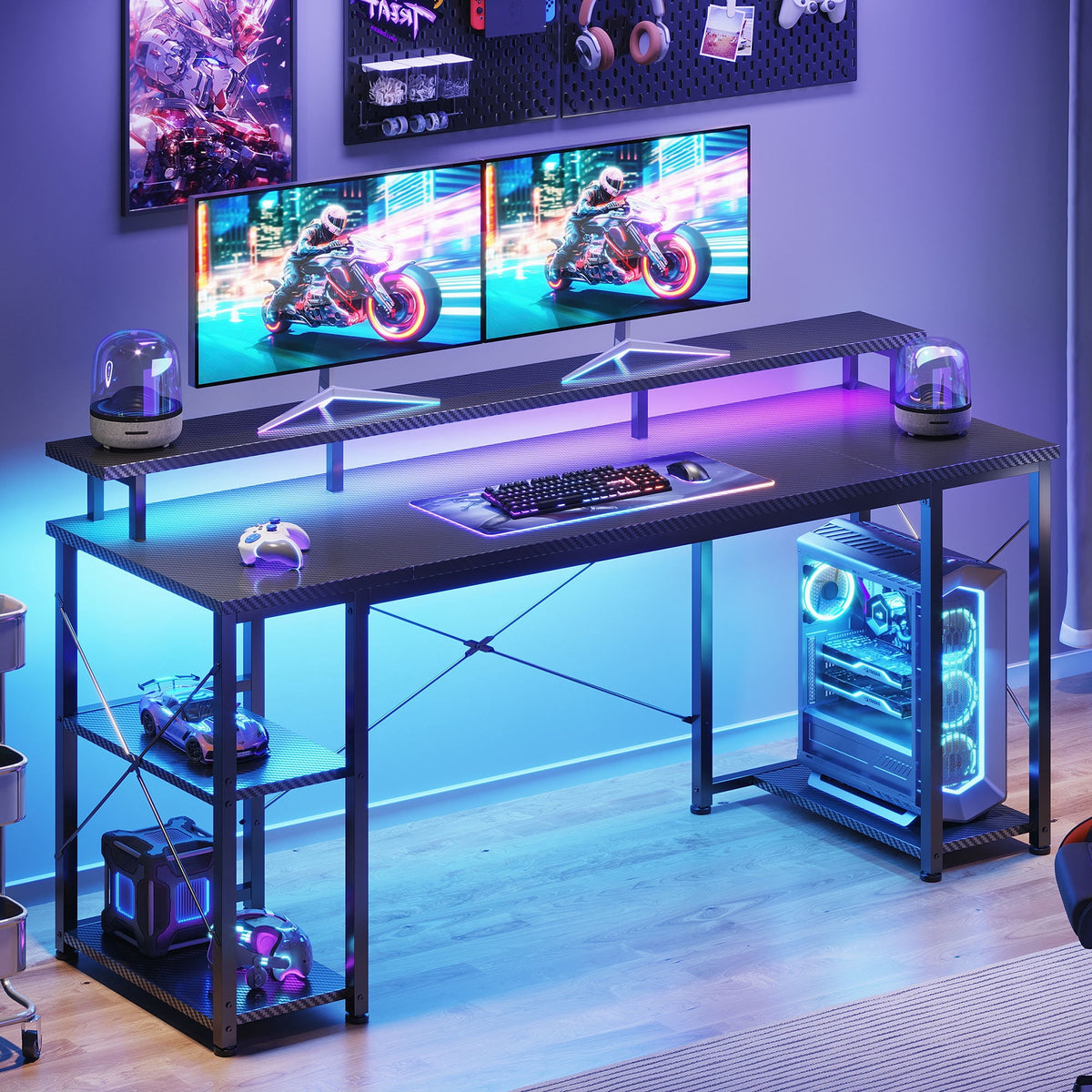 Casacomoda 55 Inch Gaming Desk with LED Lights, Computer Desk with Monitor Stand, Storage Shelves and CPU Stand, Home Office Desk, Black