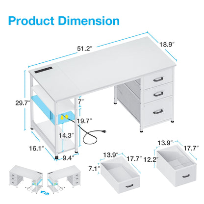 51 Inch Computer Desk with File Drawers & USB Power Outlets- Reversible Home Office Desk with Storage Shelves, Work from Home, Writing Table for Bedroom, White