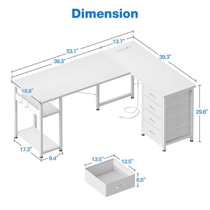 Reversible Modern Simple Style L Shaped Desk with Charging Station and Drawers, Pure White