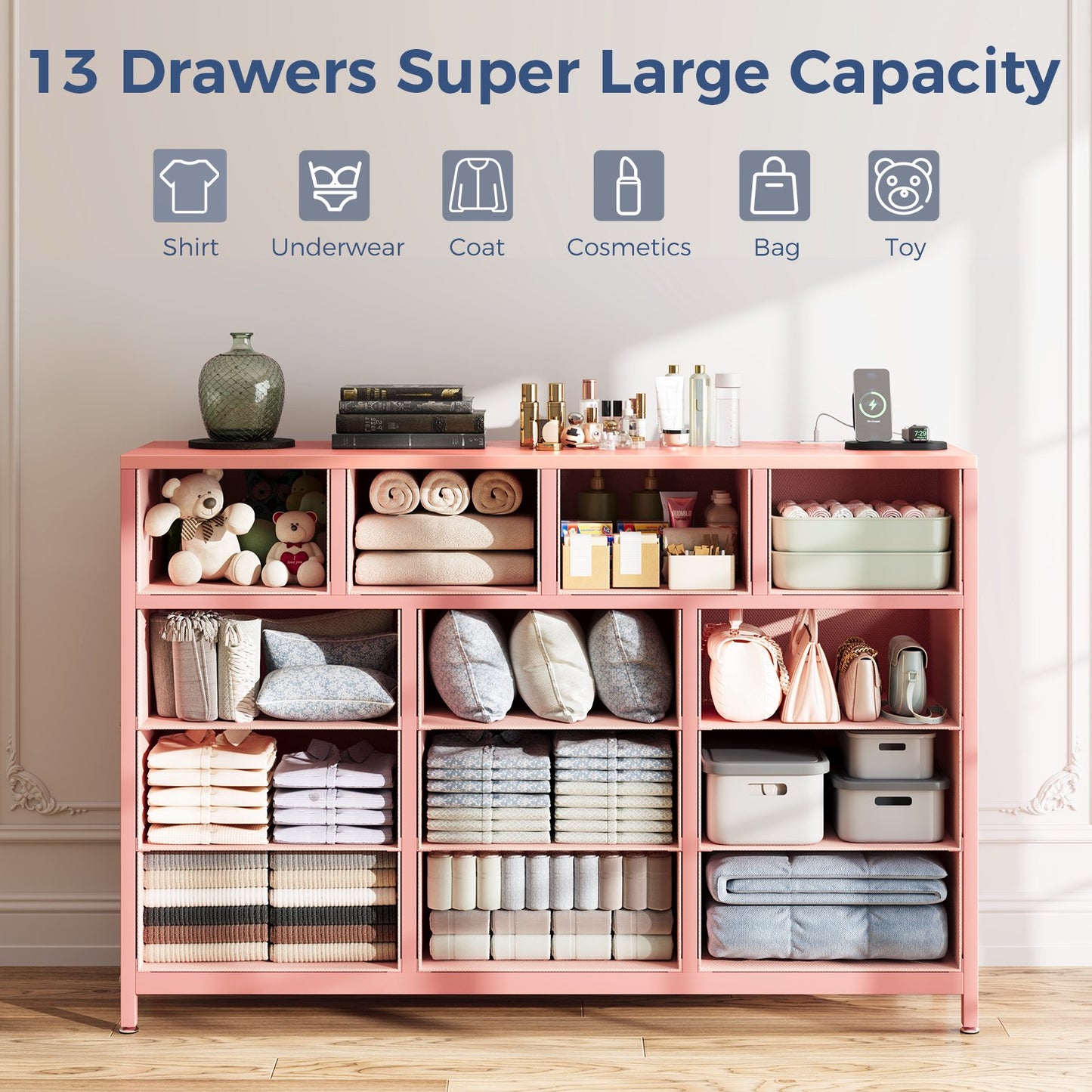 Casacomoda Dresser with Charging Station, 55-Inch Long Dressers for Bedroom, Large Dressers TV Stand with 13 Storage Drawers, Fabric Dresser Chest of Drawers, Pink