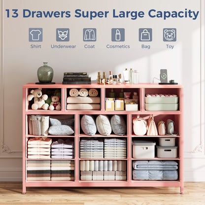 Casacomoda Dresser with Charging Station, 55-Inch Long Dressers for Bedroom, Large Dressers TV Stand with 13 Storage Drawers, Fabric Dresser Chest of Drawers, Pink