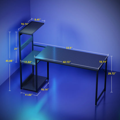 Casacomoda 54" Gaming Desk with LED Lights, Computer Desk with Shelf & PC Stand, Reversible Display Shelf, Carbon Fiber Black
