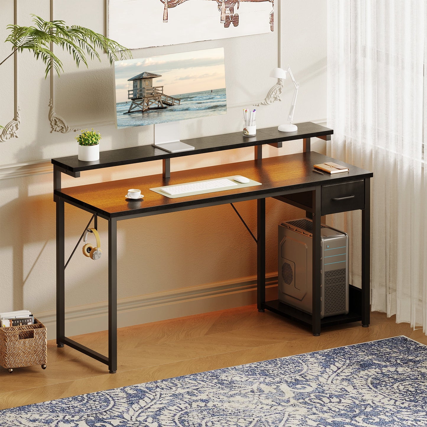 Gaming Desk with LED Lights, 55 Inch Reversible L Shaped Computer Desk with Fabric Drawer, Monitor Stand and Headphone Hook, Small Home Office and Gaming Desk, Black