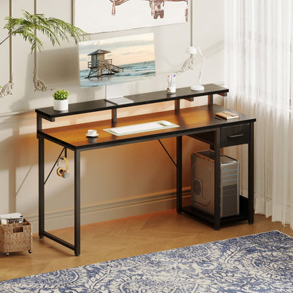 Gaming Desk with LED Lights, 55 Inch Reversible L Shaped Computer Desk with Fabric Drawer, Monitor Stand and Headphone Hook, Small Home Office and Gaming Desk, Black