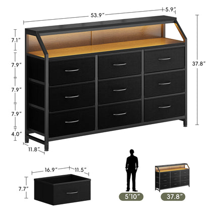 Casacomoda 55 inch Dresser with LED Lights, Dresser for Bedroom with 9 Storage Drawers, Black