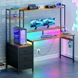 Casacomoda 55 inch Gaming Desk with LED Lights & Power Outlets, Home Office Desk with Reversible Storage Drawers & Monitor Shelves,Vintage
