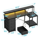 Casacomoda 55 Inch Computer Desk with USB Ports and Power Outlets, Printer Shelf & Built-in LED, 4 Drawers & Storage Shelf, Home Office Desks, Black
