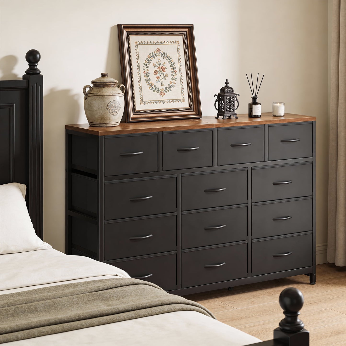 Casacomoda 55-Inch Wood Dresser with 13 Storage Drawers, Large Bedroom Dresser and TV Stand, Black and Vintage