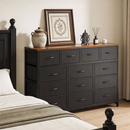 Casacomoda 55-Inch Wood Dresser with 13 Storage Drawers, Large Bedroom Dresser and TV Stand, Black and Vintage
