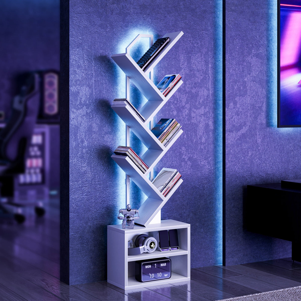 Casacomoda 6 Tier Tall Tree Bookshelf with LED Lights, Bookcase with Double Storage Cabinet, Narrow Corner Display Shelf, Floor Standing Organizer for Living Room, Bedroom, Home Office, White