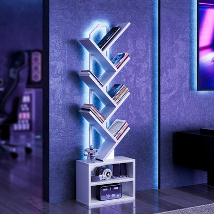 Casacomoda 6 Tier Tall Tree Bookshelf with LED Lights, Bookcase with Double Storage Cabinet, Narrow Corner Display Shelf, Floor Standing Organizer for Living Room, Bedroom, Home Office, White